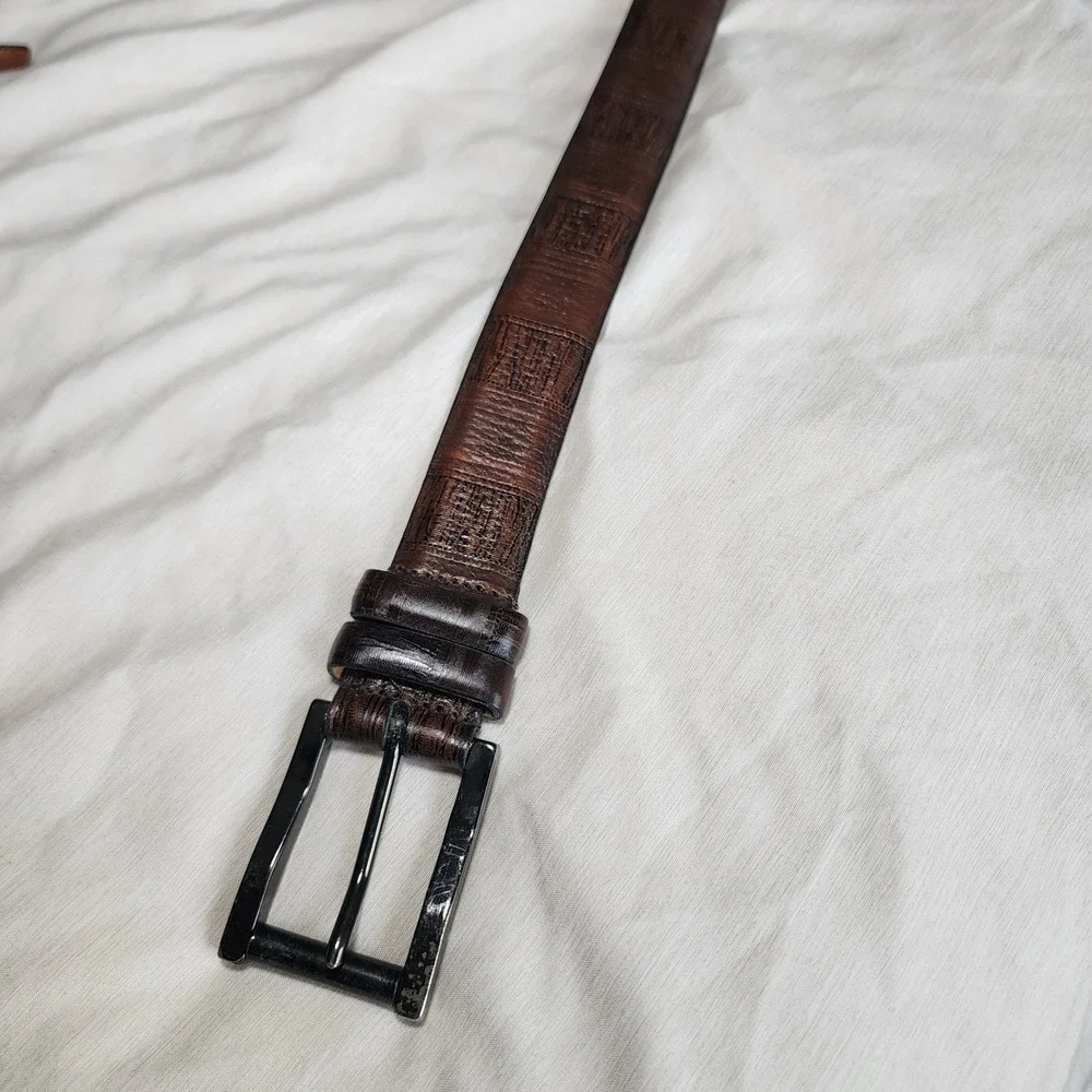 Remo Tulliani Belt Mens 34 Brown Italian Calfskin Embossed Geometric Dress 8552